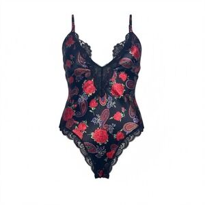 Vintage 90s Delicates Satin Floral Paisley Lace Bodysuit Teddy L
